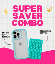 Load image into Gallery viewer, Sky Blue Wavy Clear Soft iPhone Case + Soft Suction Grip Combo