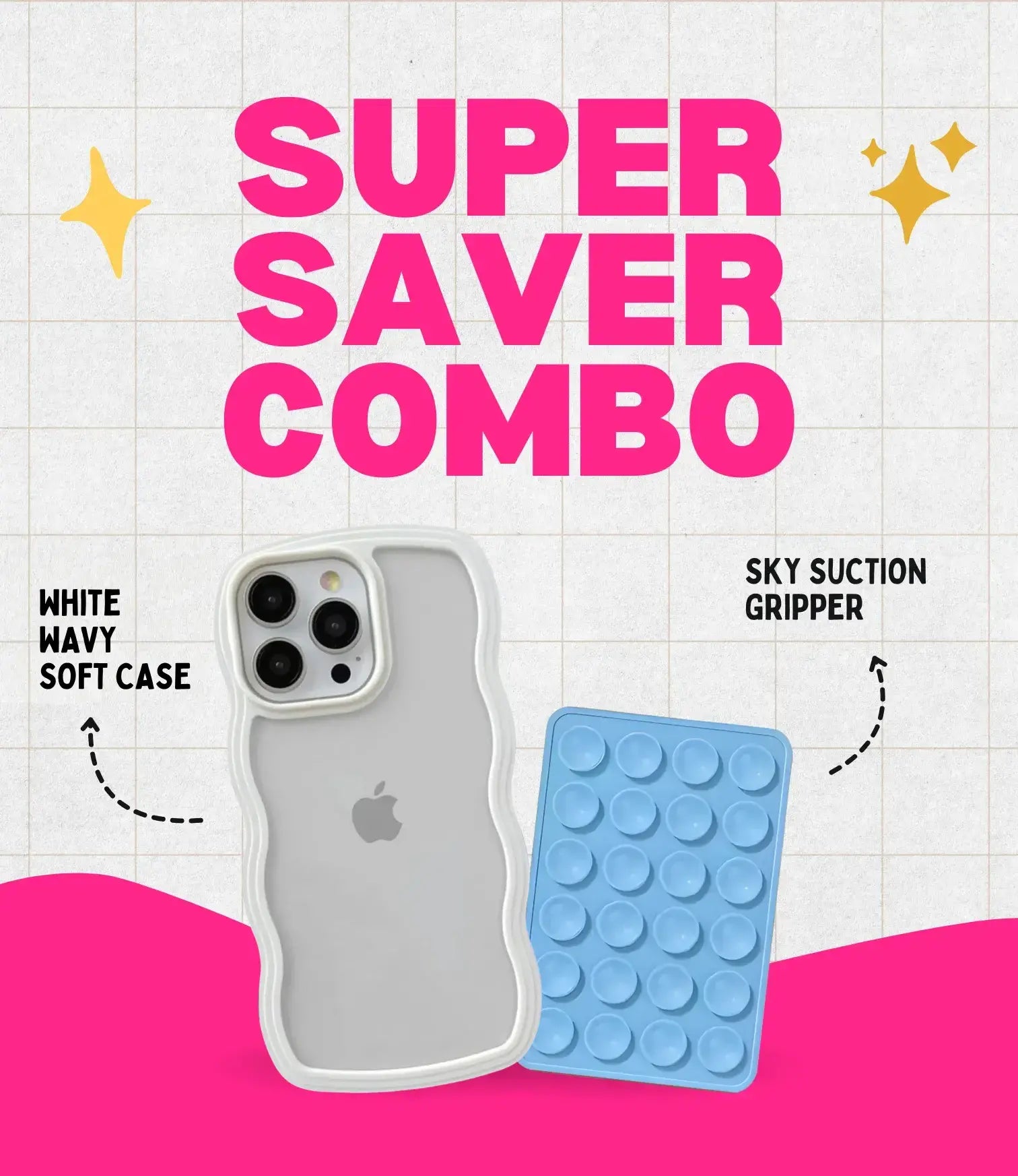 White Wavy Clear Soft iPhone Case + Soft Suction Grip Combo
