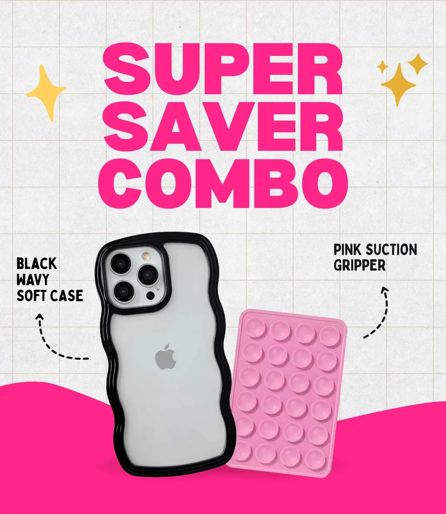 Midnight Black Wavy Clear Soft iPhone Case + Soft Suction Grip Combo