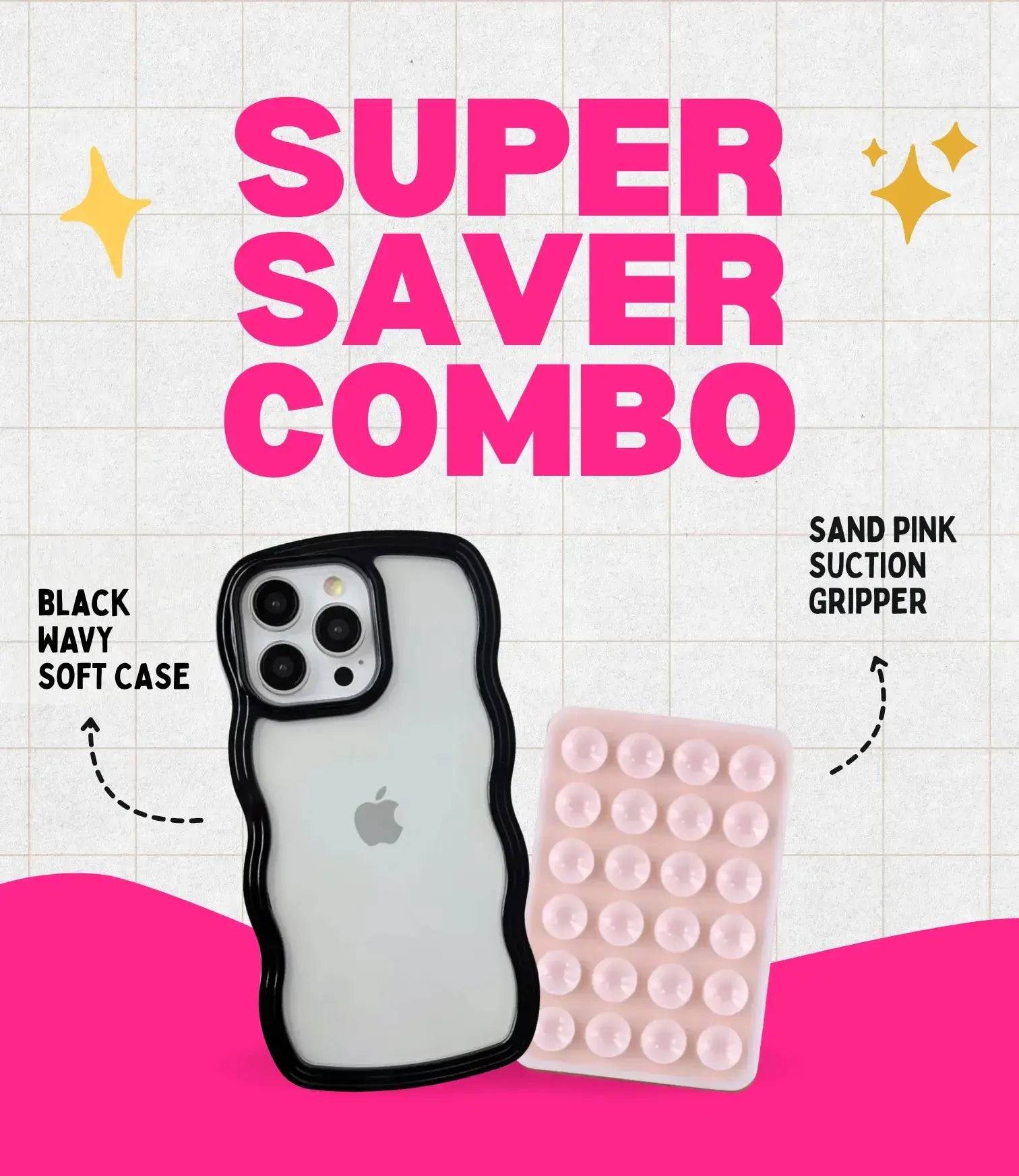 Midnight Black Wavy Clear Soft iPhone Case + Soft Suction Grip Combo