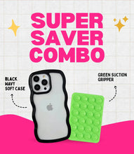 Load image into Gallery viewer, Midnight Black Wavy Clear Soft iPhone Case + Soft Suction Grip Combo