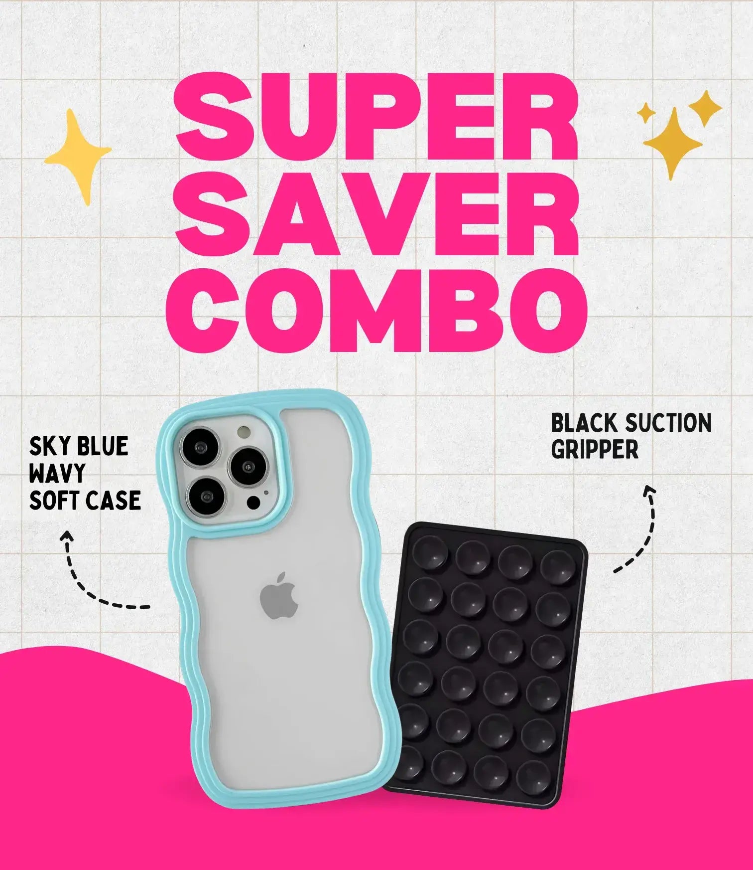 Sky Blue Wavy Clear Soft iPhone Case + Soft Suction Grip Combo