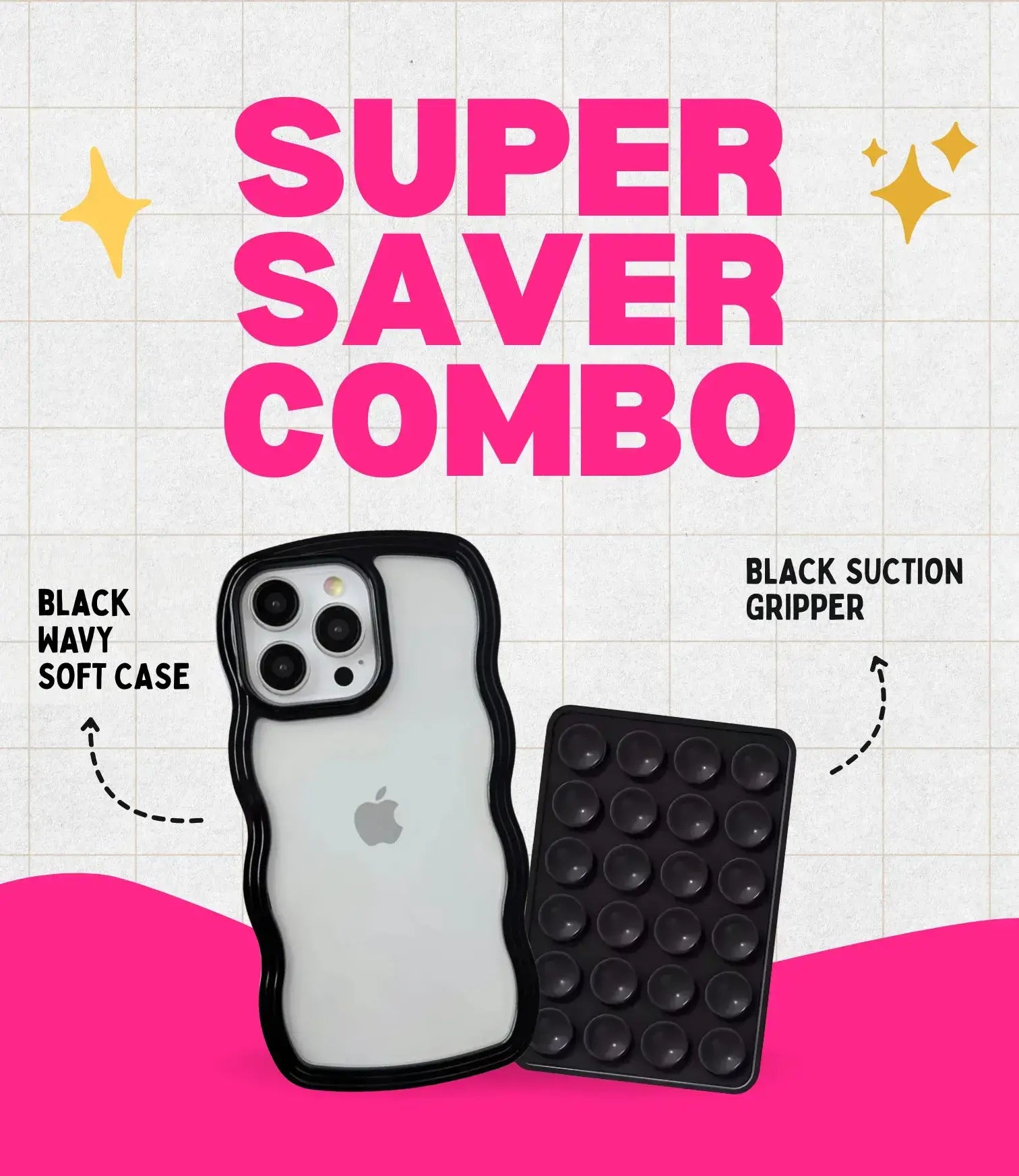 Midnight Black Wavy Clear Soft iPhone Case + Soft Suction Grip Combo