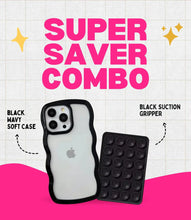 Load image into Gallery viewer, Midnight Black Wavy Clear Soft iPhone Case + Soft Suction Grip Combo