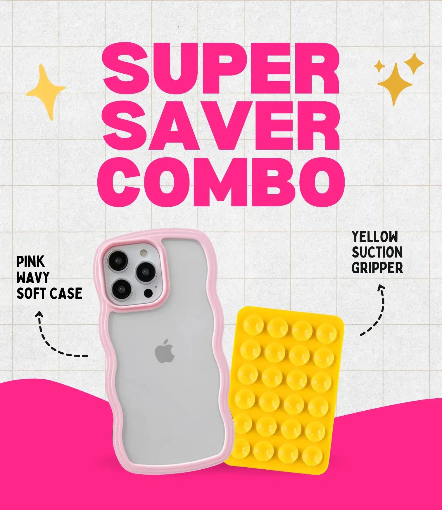 Pink Wavy Clear Soft iPhone Case + Soft Suction Grip Combo