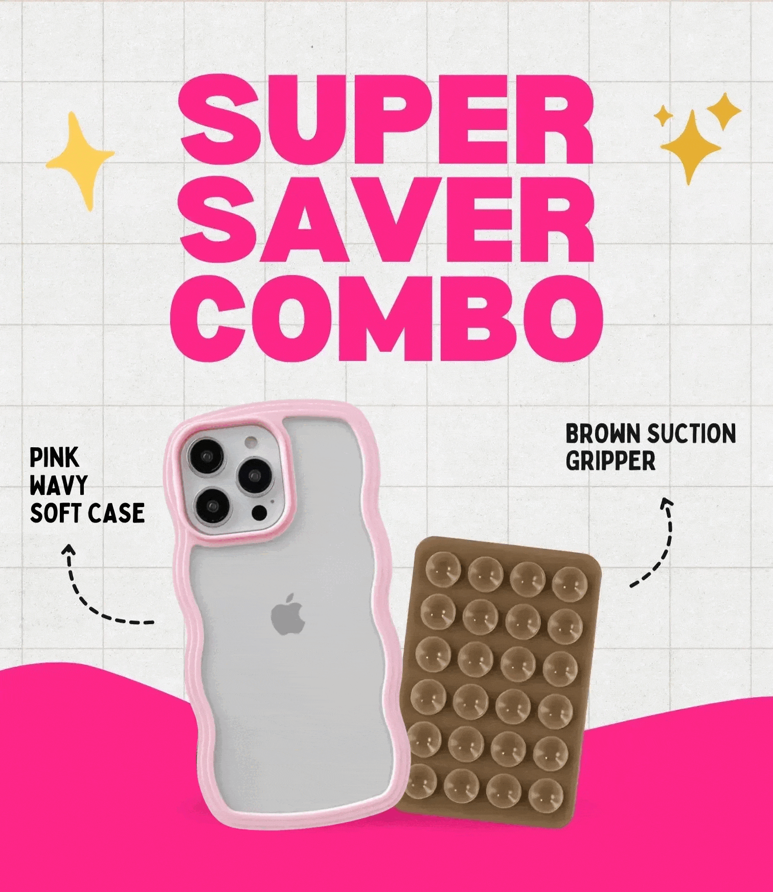 Pink Wavy Clear Soft iPhone Case + Soft Suction Grip Combo