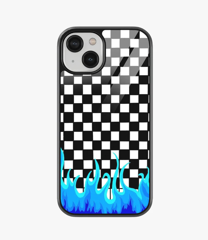 Checkered Blue Flame Metal Case for iPhone 14