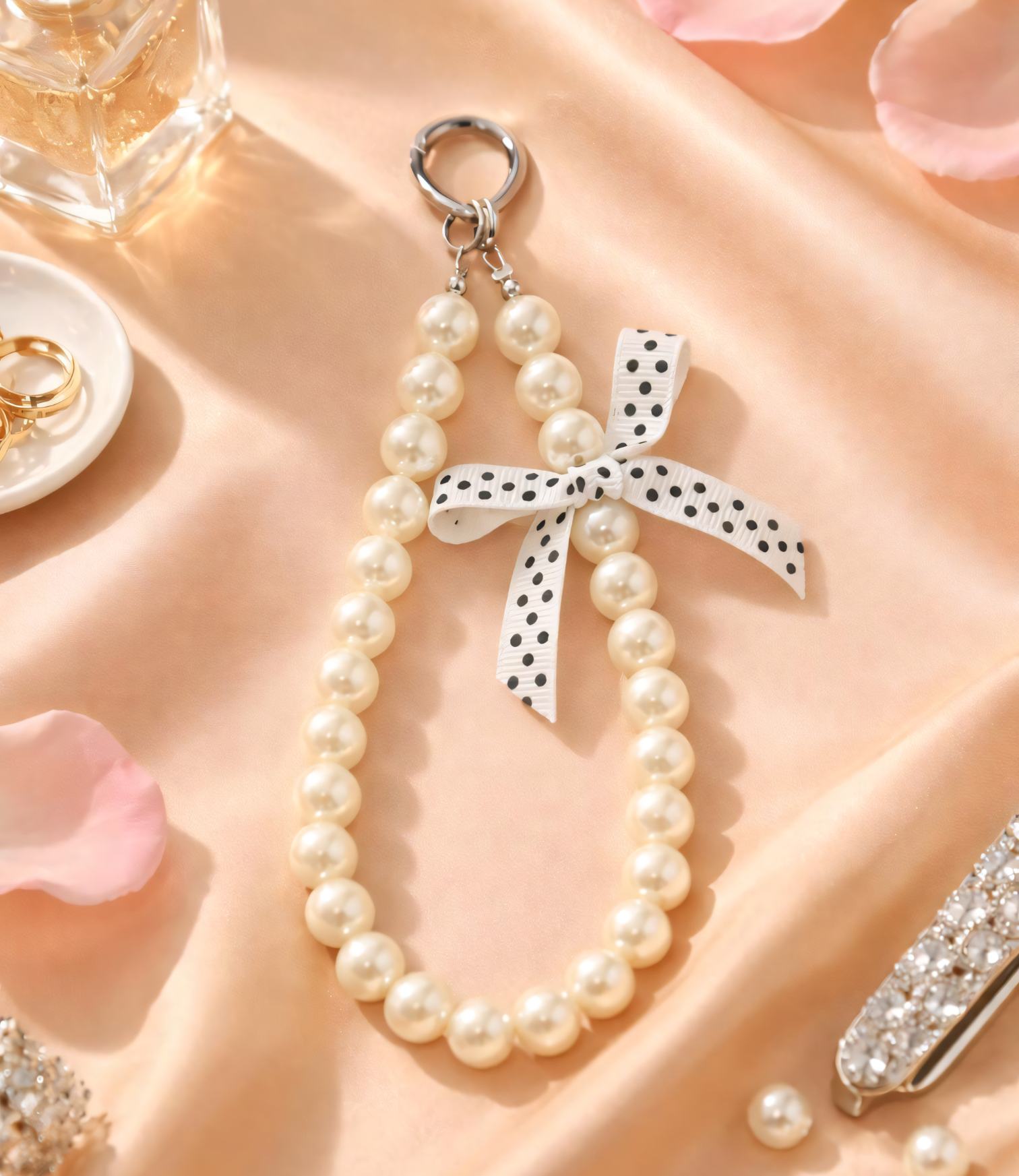 Pearl with Polka Dot Bow Phone Charm