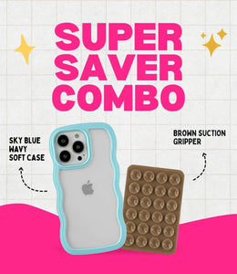 Sky Blue Wavy Clear Soft iPhone Case + Soft Suction Grip Combo