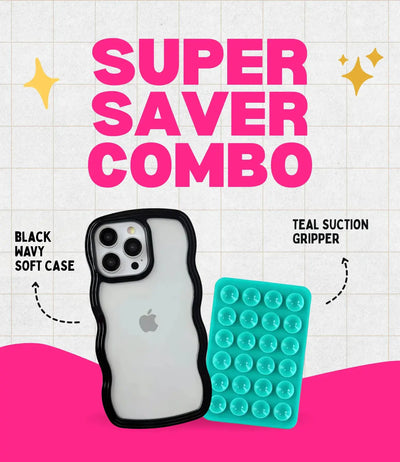 Midnight Black Wavy Clear Soft iPhone Case + Soft Suction Grip Combo