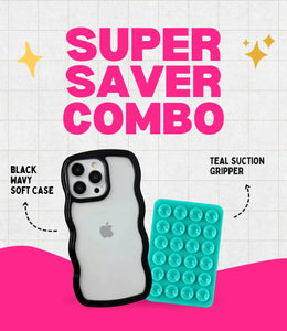 Midnight Black Wavy Clear Soft iPhone Case + Soft Suction Grip Combo
