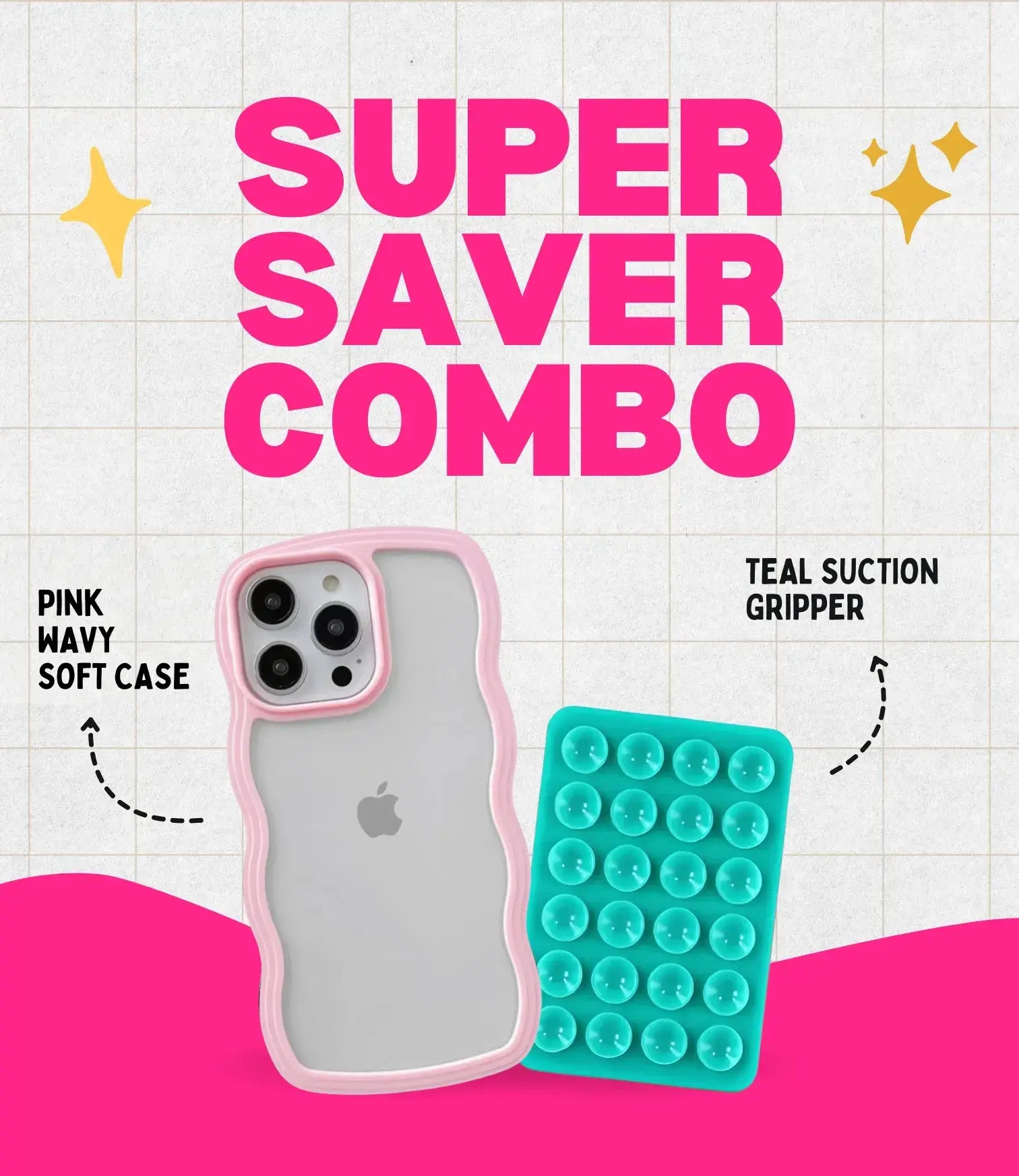 Pink Wavy Clear Soft iPhone Case + Soft Suction Grip Combo
