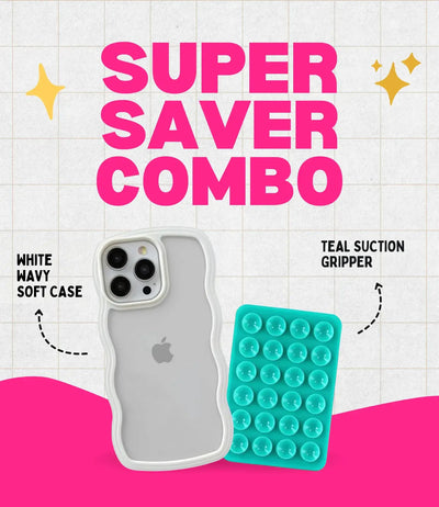 White Wavy Clear Soft iPhone Case + Soft Suction Grip Combo