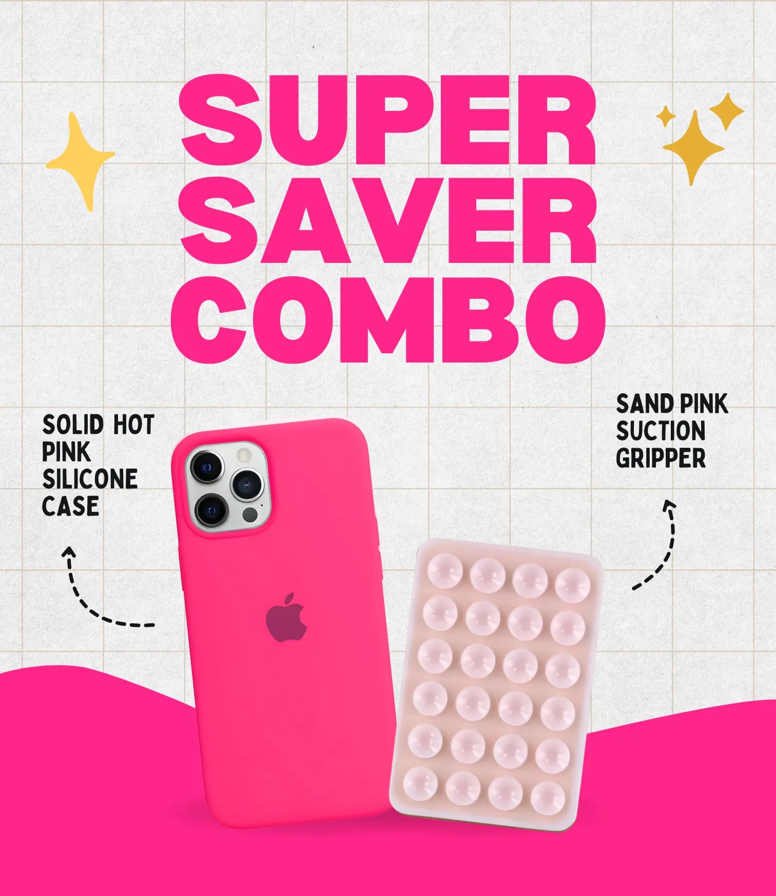Solid Hot Pink Soft Silicone iPhone Case + Soft Suction Grip Combo