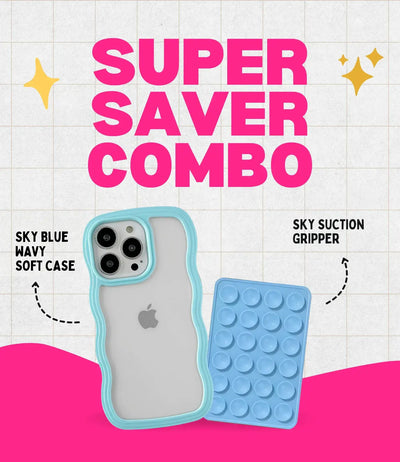 Sky Blue Wavy Clear Soft iPhone Case + Soft Suction Grip Combo