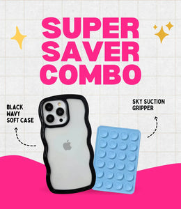 Midnight Black Wavy Clear Soft iPhone Case + Soft Suction Grip Combo