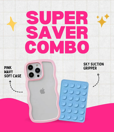 Pink Wavy Clear Soft iPhone Case + Soft Suction Grip Combo