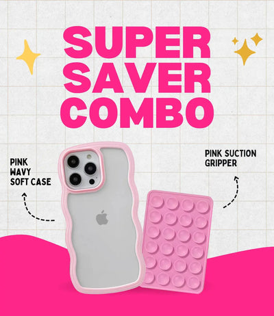 Pink Wavy Clear Soft iPhone Case + Soft Suction Grip Combo