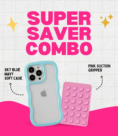 Sky Blue Wavy Clear Soft iPhone Case + Soft Suction Grip Combo
