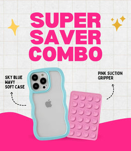 Sky Blue Wavy Clear Soft iPhone Case + Soft Suction Grip Combo