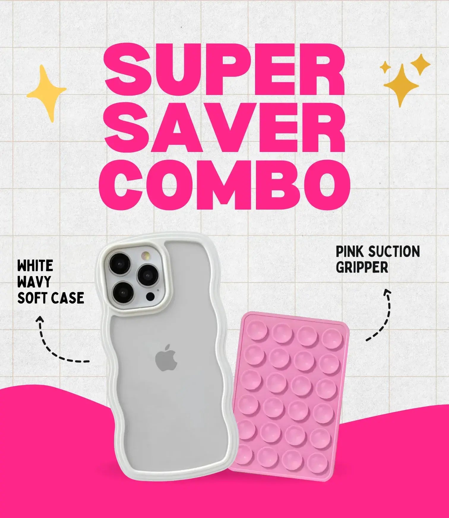 White Wavy Clear Soft iPhone Case + Soft Suction Grip Combo