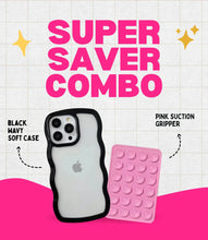 Load image into Gallery viewer, Midnight Black Wavy Clear Soft iPhone Case + Soft Suction Grip Combo
