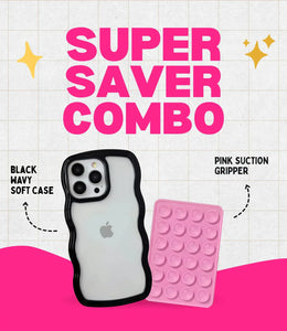 Midnight Black Wavy Clear Soft iPhone Case + Soft Suction Grip Combo