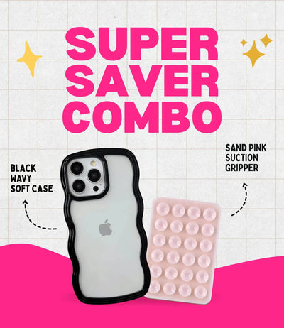 Midnight Black Wavy Clear Soft iPhone Case + Soft Suction Grip Combo