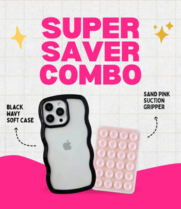 Midnight Black Wavy Clear Soft iPhone Case + Soft Suction Grip Combo