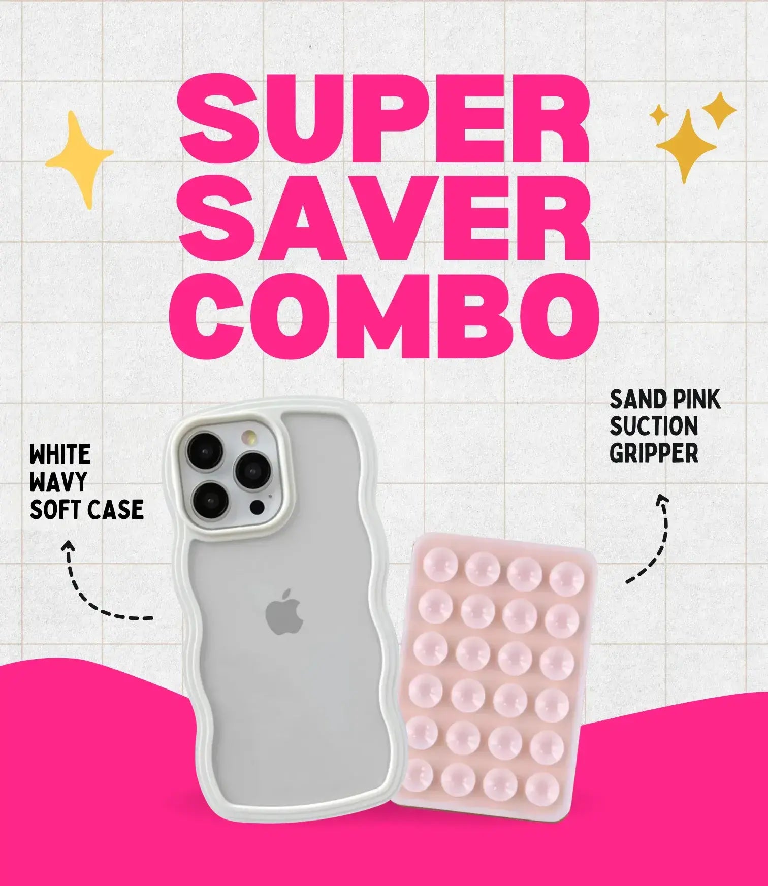 White Wavy Clear Soft iPhone Case + Soft Suction Grip Combo
