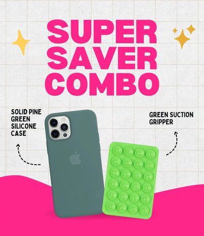 Solid Pine Green Soft Silicone iPhone Case + Soft Suction Grip Combo
