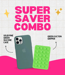 Solid Pine Green Soft Silicone iPhone Case + Soft Suction Grip Combo