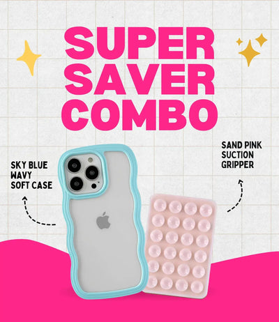 Sky Blue Wavy Clear Soft iPhone Case + Soft Suction Grip Combo