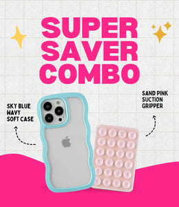Sky Blue Wavy Clear Soft iPhone Case + Soft Suction Grip Combo