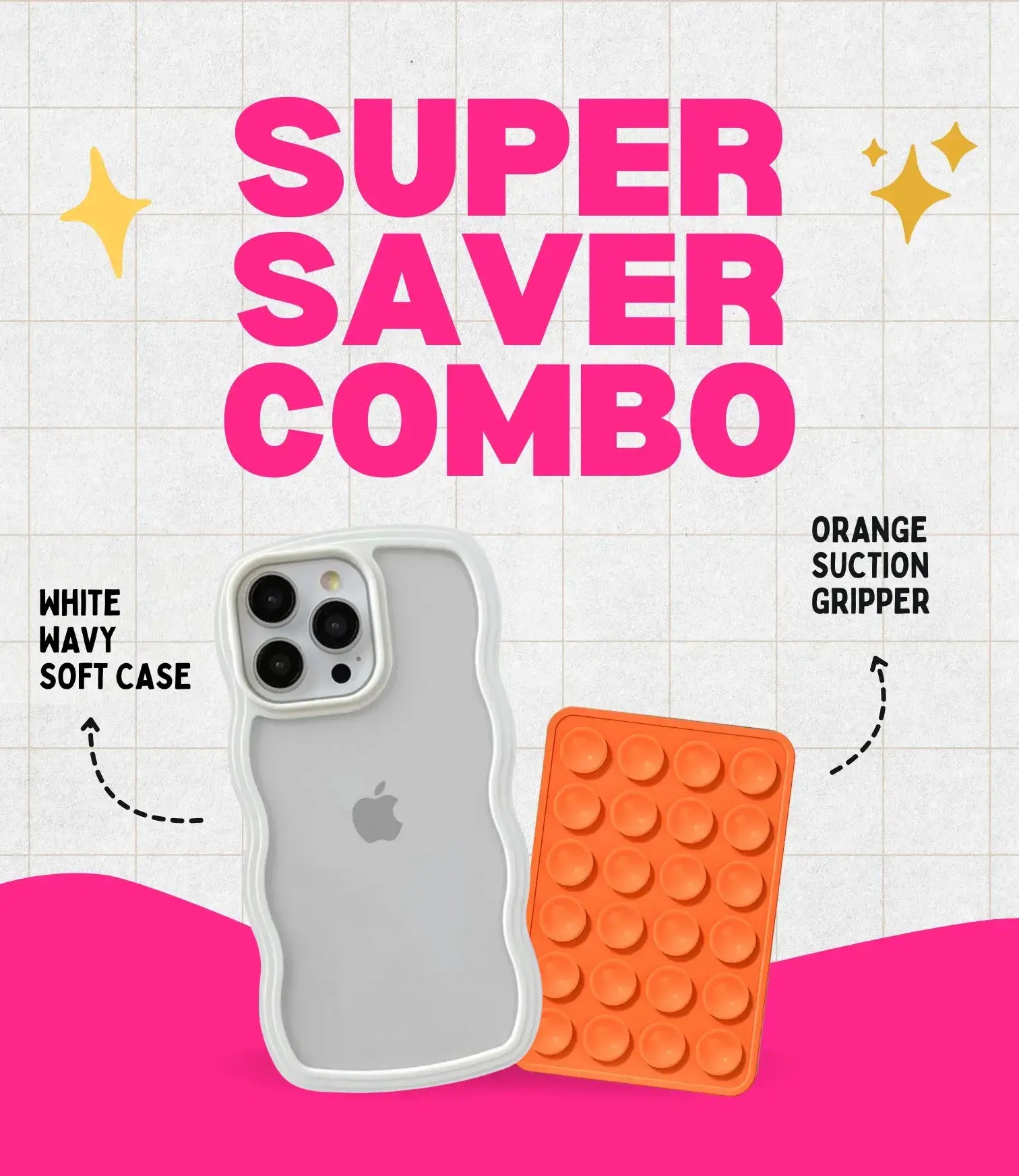 White Wavy Clear Soft iPhone Case + Soft Suction Grip Combo