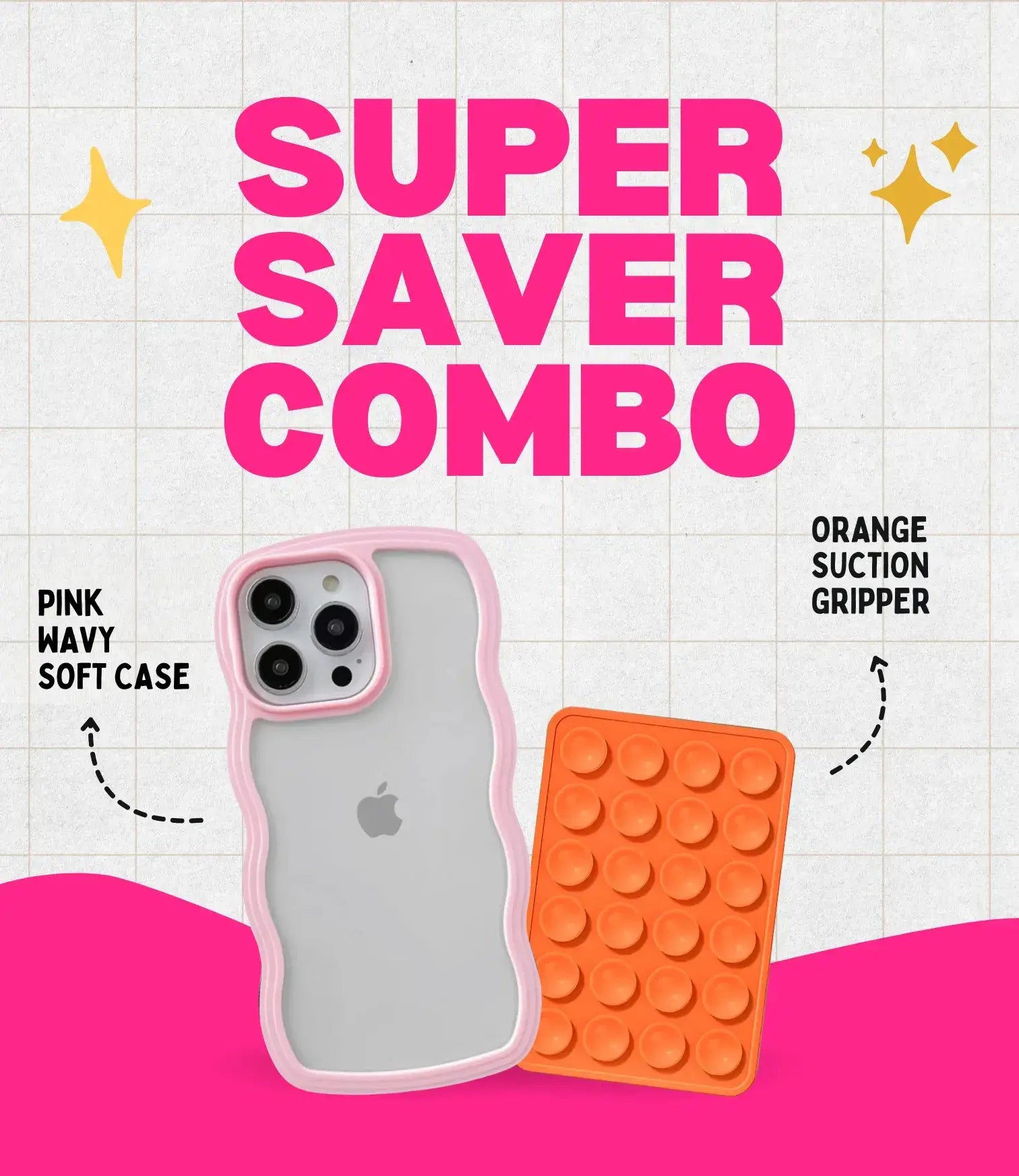 Pink Wavy Clear Soft iPhone Case + Soft Suction Grip Combo