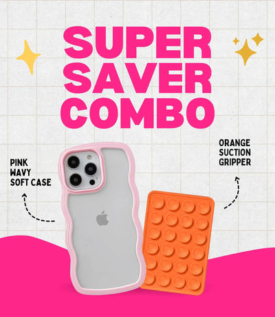Pink Wavy Clear Soft iPhone Case + Soft Suction Grip Combo