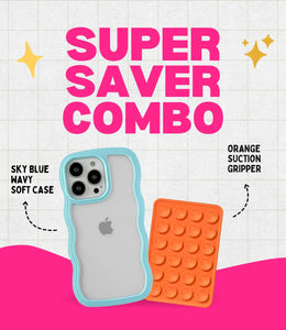 Sky Blue Wavy Clear Soft iPhone Case + Soft Suction Grip Combo