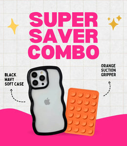 Midnight Black Wavy Clear Soft iPhone Case + Soft Suction Grip Combo