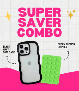 Midnight Black Wavy Clear Soft iPhone Case + Soft Suction Grip Combo