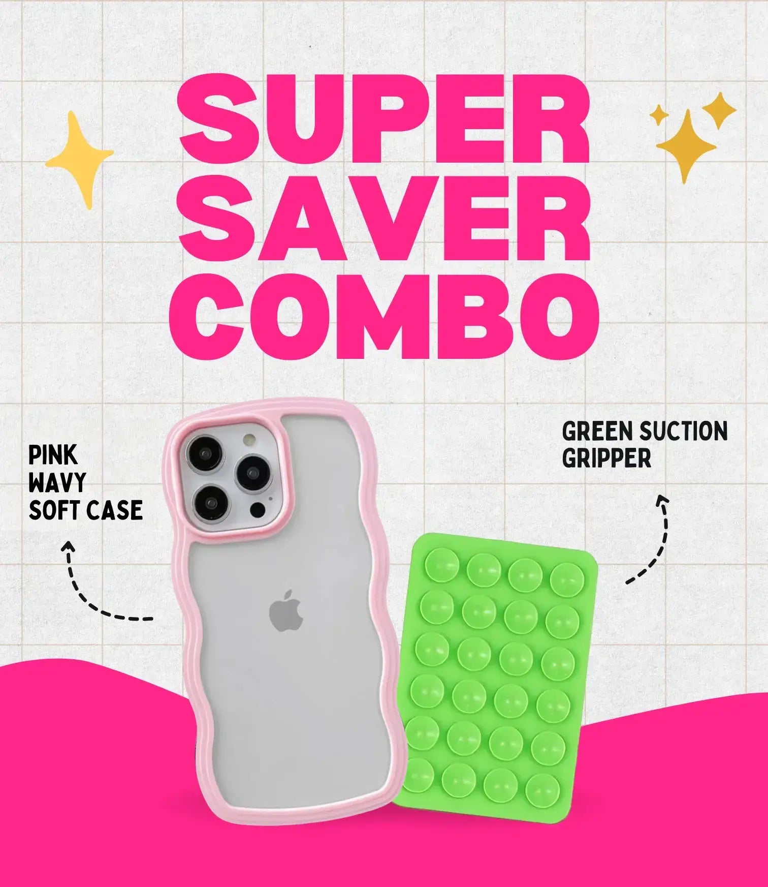 Pink Wavy Clear Soft iPhone Case + Soft Suction Grip Combo
