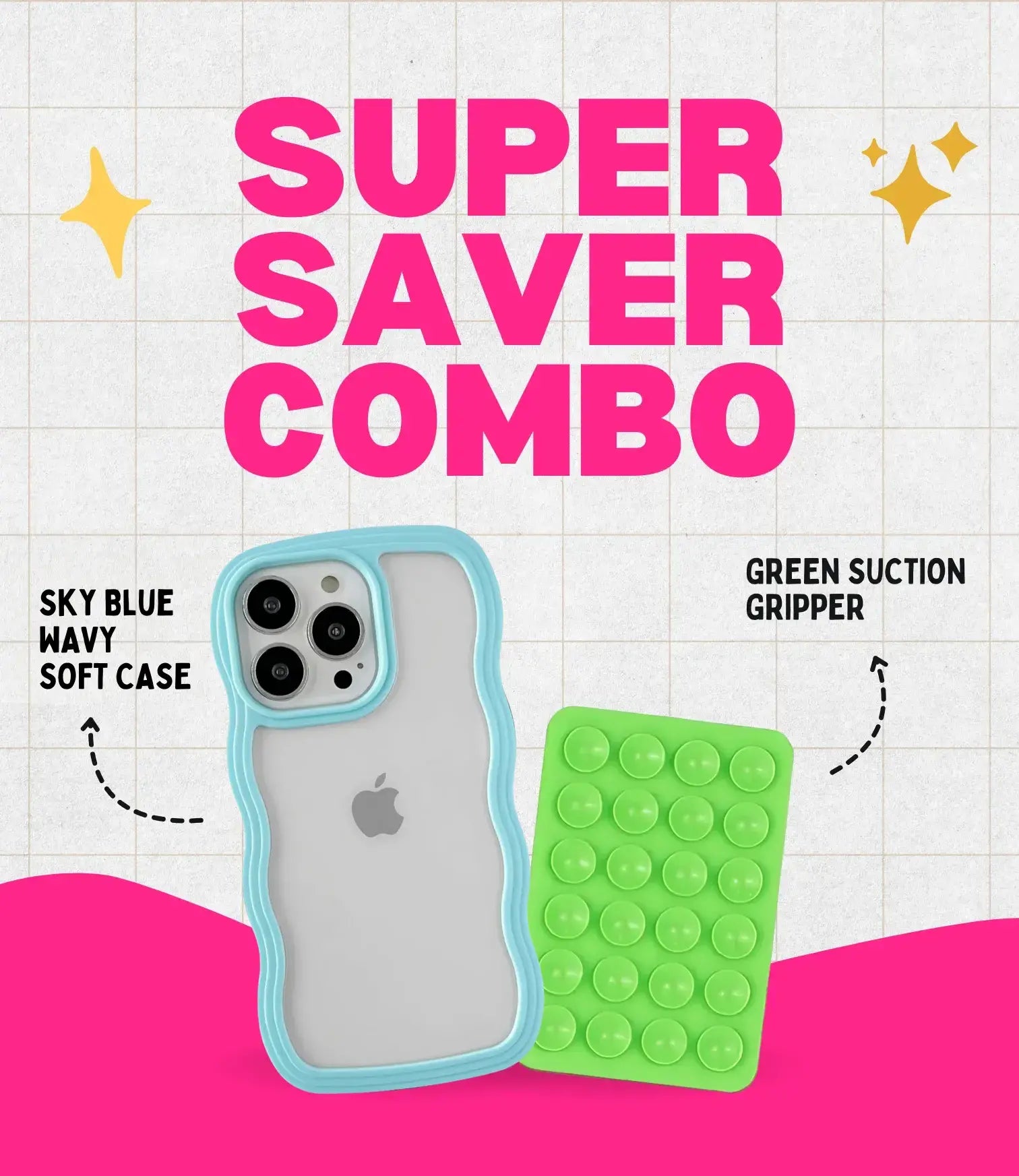 Sky Blue Wavy Clear Soft iPhone Case + Soft Suction Grip Combo