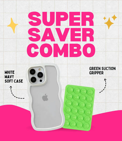 White Wavy Clear Soft iPhone Case + Soft Suction Grip Combo