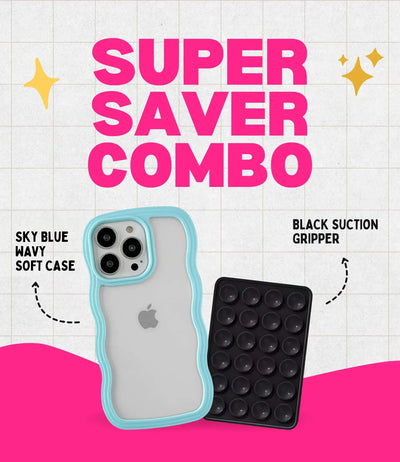Sky Blue Wavy Clear Soft iPhone Case + Soft Suction Grip Combo