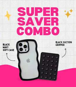 Midnight Black Wavy Clear Soft iPhone Case + Soft Suction Grip Combo