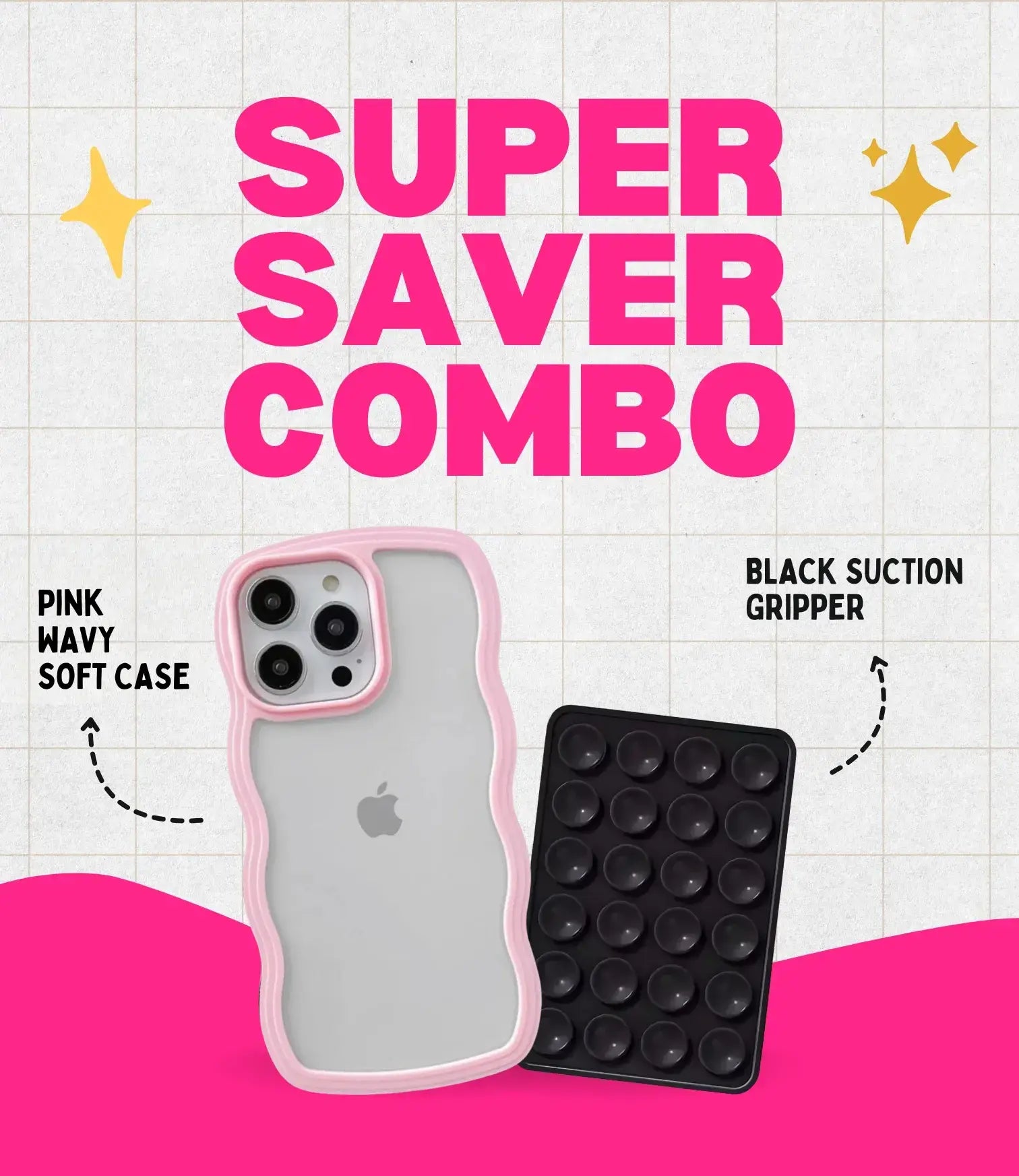 Pink Wavy Clear Soft iPhone Case + Soft Suction Grip Combo
