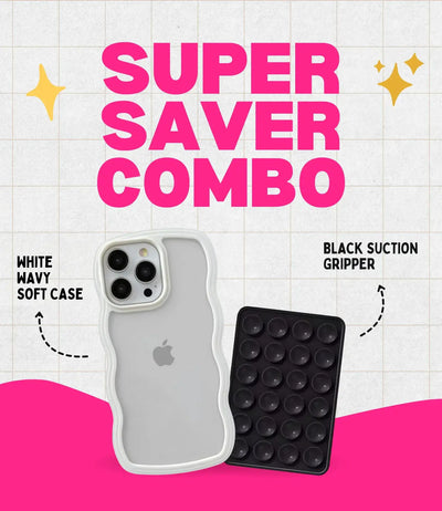White Wavy Clear Soft iPhone Case + Soft Suction Grip Combo