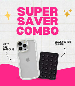 White Wavy Clear Soft iPhone Case + Soft Suction Grip Combo