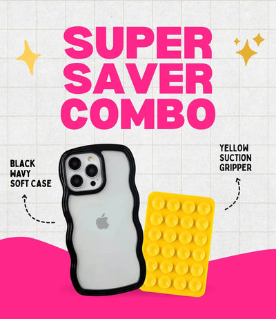Midnight Black Wavy Clear Soft iPhone Case + Soft Suction Grip Combo