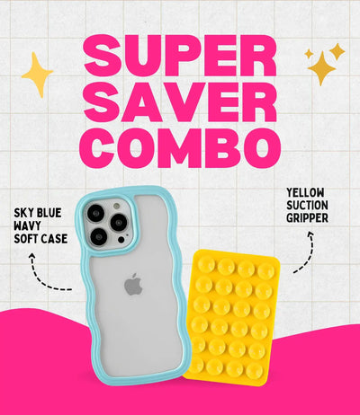 Sky Blue Wavy Clear Soft iPhone Case + Soft Suction Grip Combo